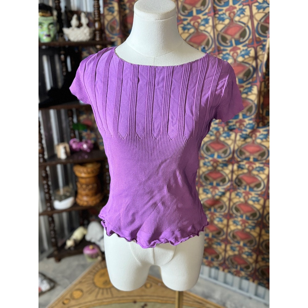 Amanda Smith Purple Ribbed Knit Lettuce Hem Short Sleeve Top